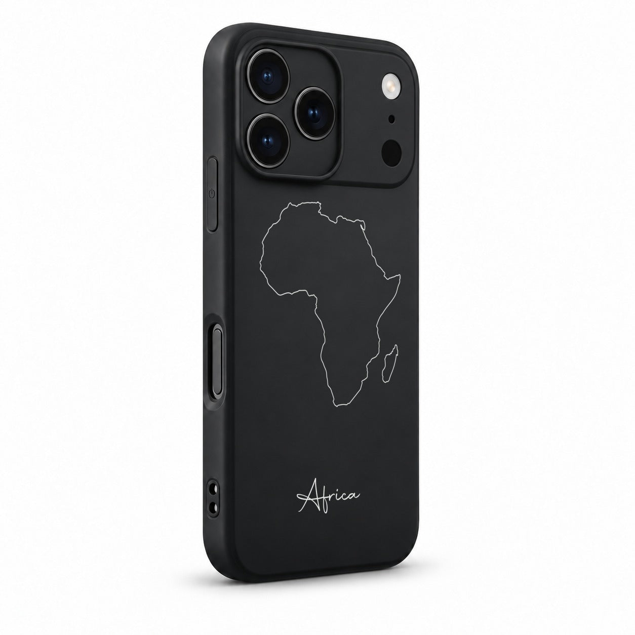 Africa phone case for iPhone 17 Pro – angled view with camera edge and side buttons