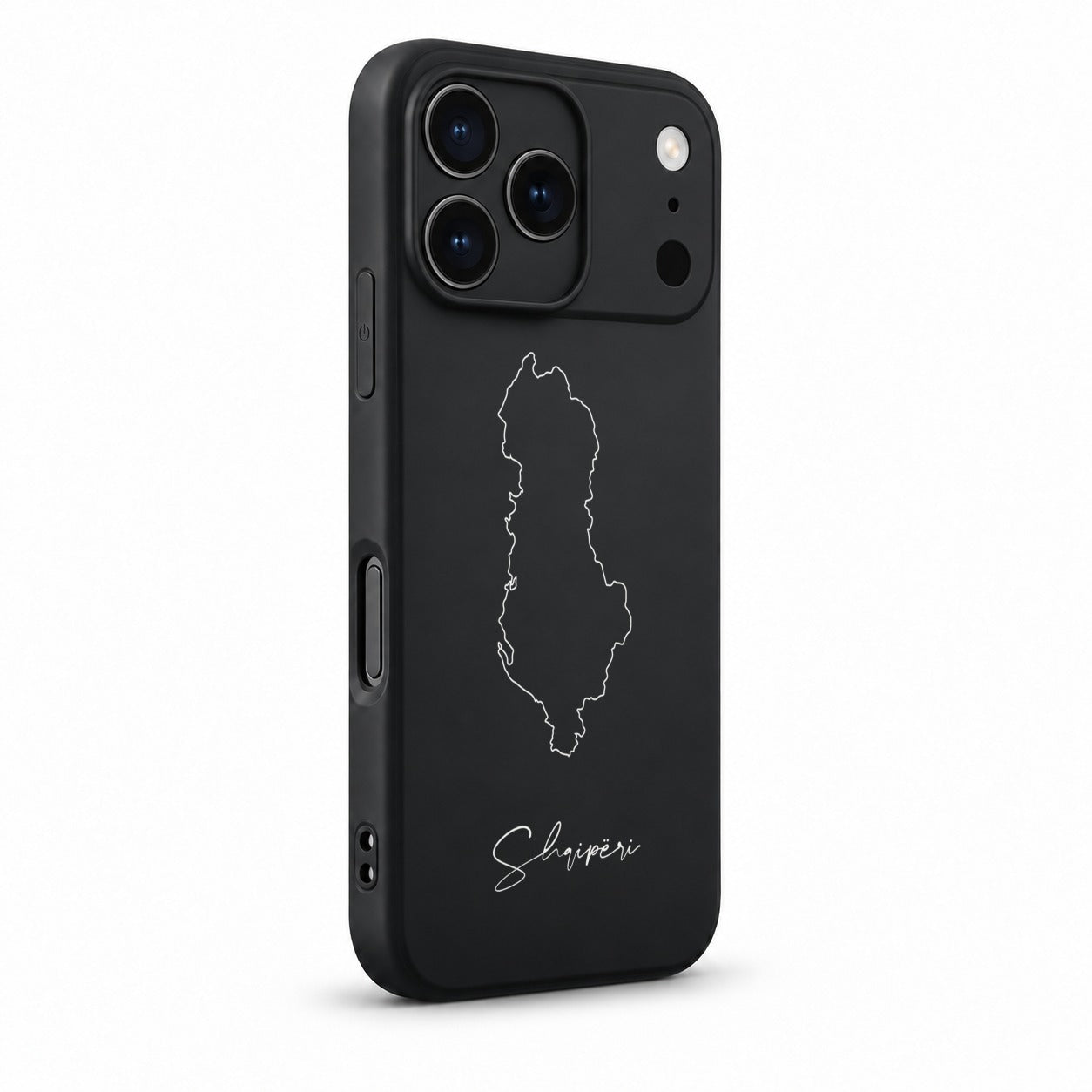 Albania phone case for iPhone 17 Pro – angled view with camera edge and side buttons