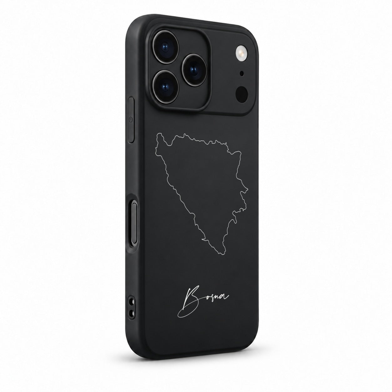 Bosnien Handyhülle für iPhone 17 Pro – Schrägansicht mit Kamerarand und Seitentasten