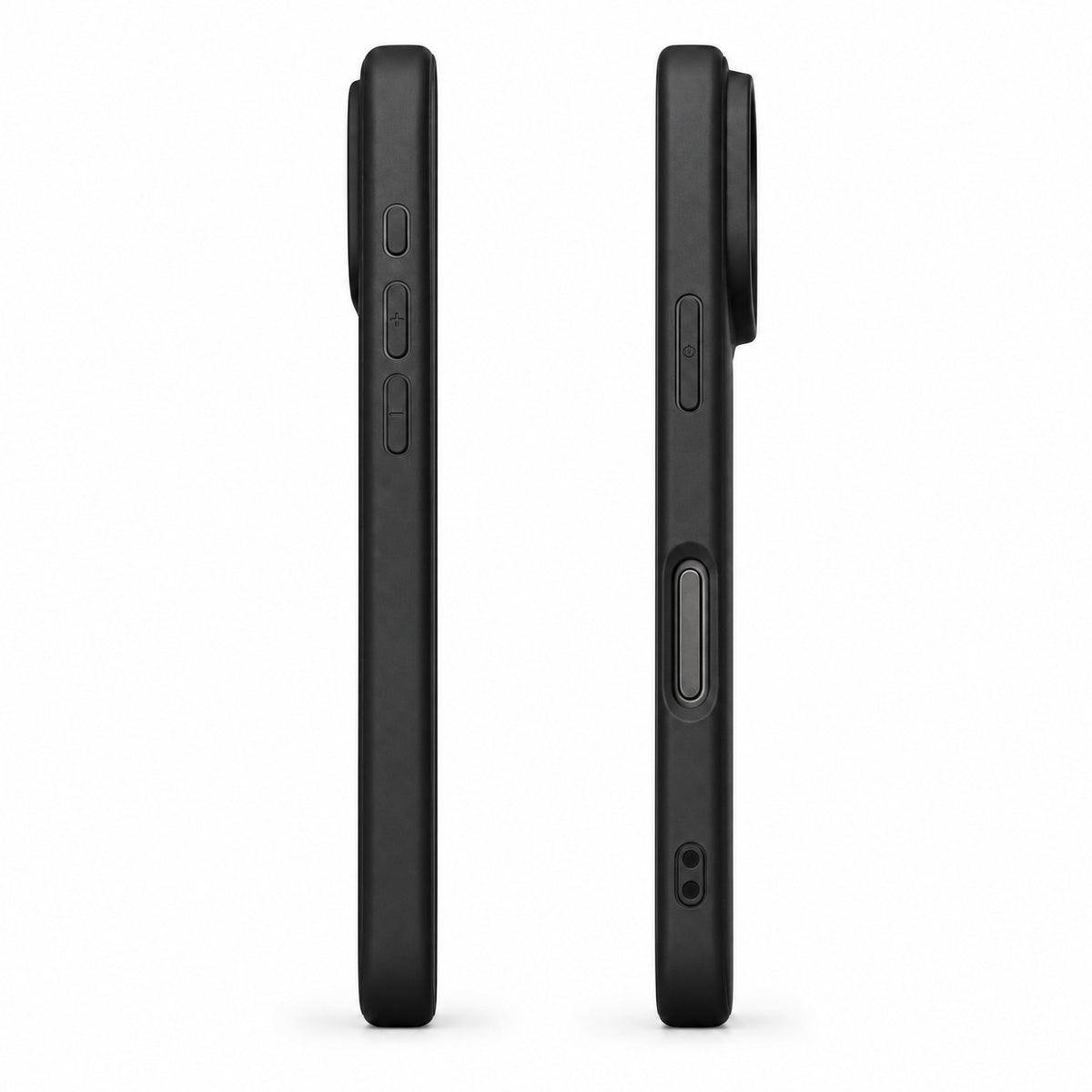 Phone case with iPhone inside – side view with buttons and raised camera edge