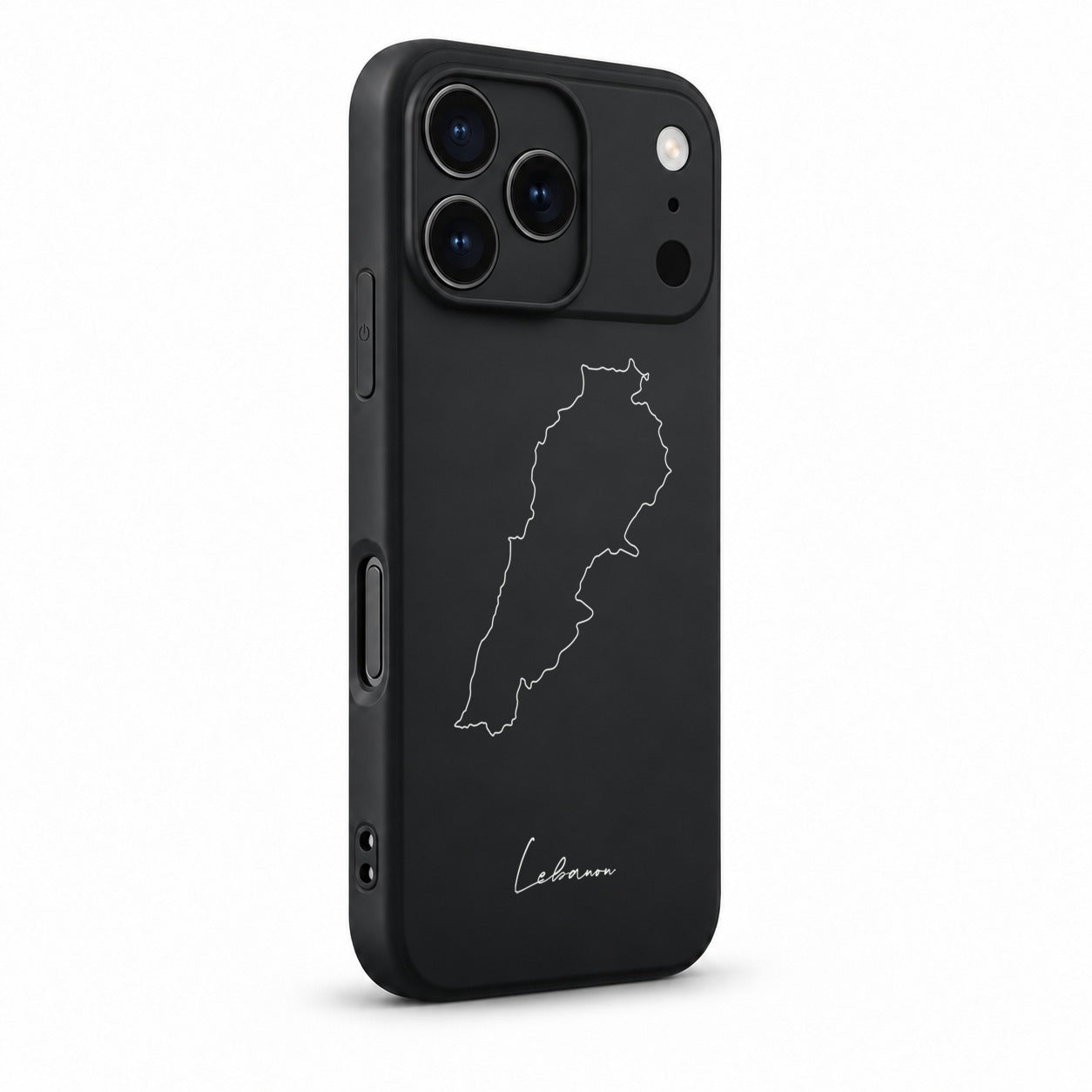Libanon Handyhülle für iPhone 17 Pro – Schrägansicht mit Kamerarand und Seitentasten