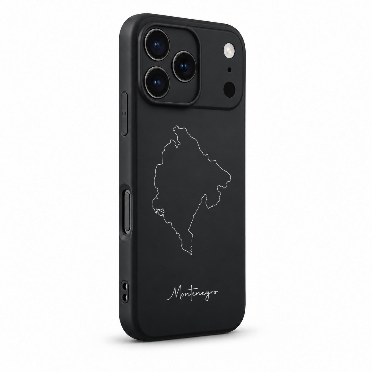 Montenegro Handyhülle für iPhone 17 Pro – Schrägansicht mit Kamerarand und Seitentasten