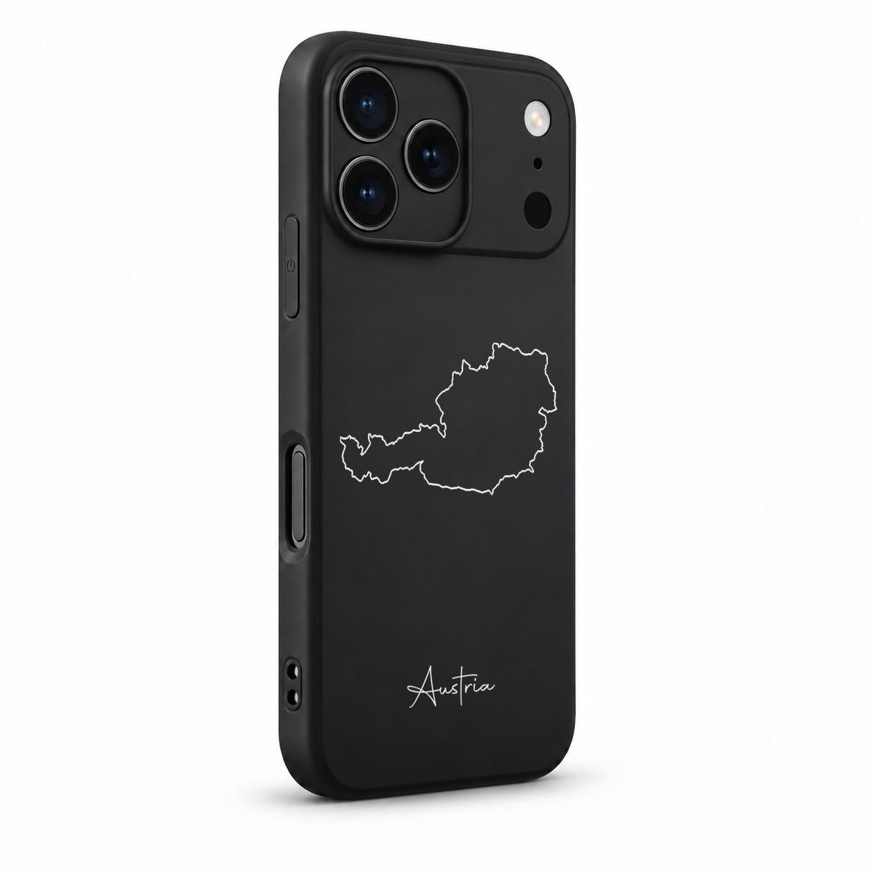 Austria phone case for iPhone 17 Pro – angled view with camera edge and side buttons