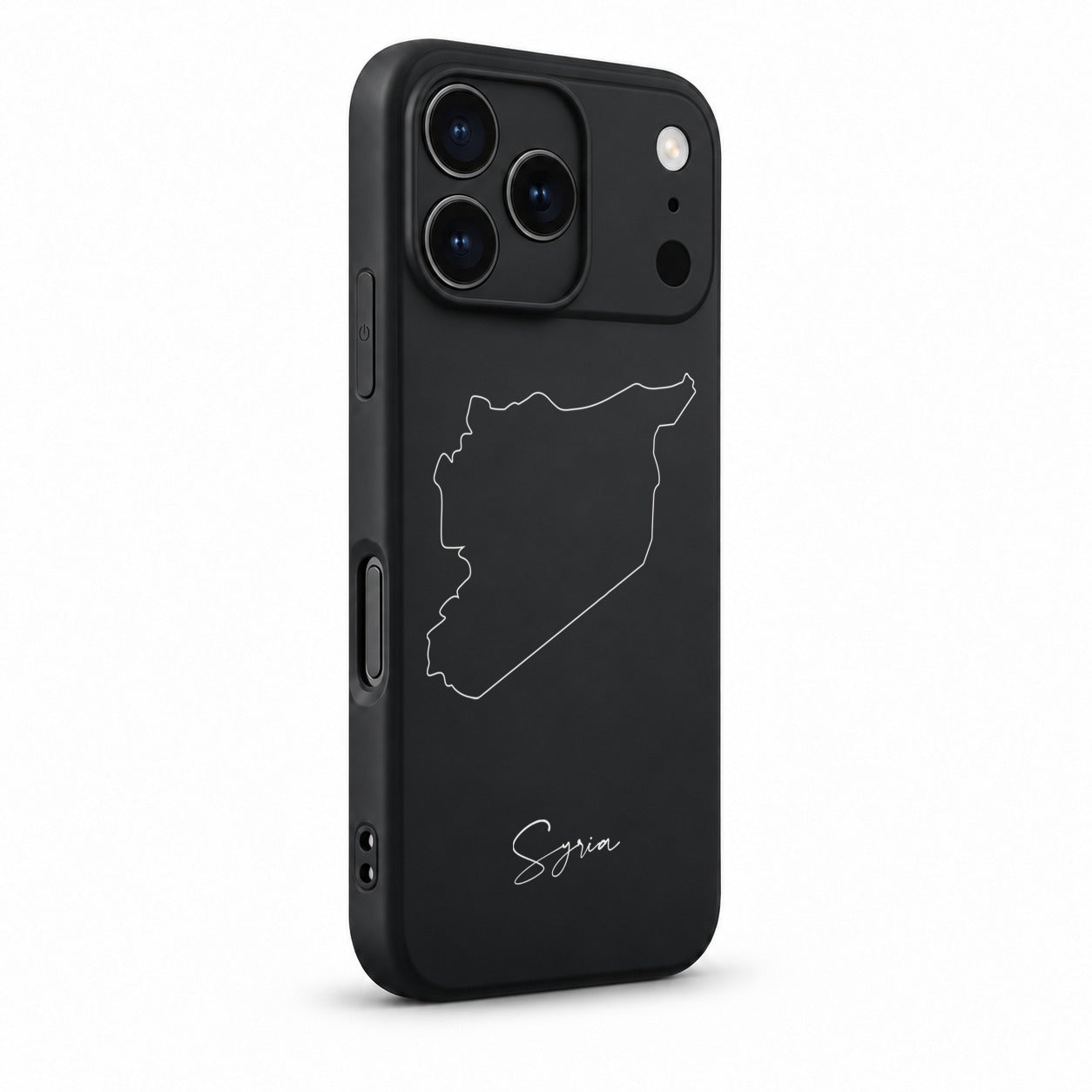 Syrien Handyhülle für iPhone 17 Pro – Schrägansicht mit Kamerarand und Seitentasten